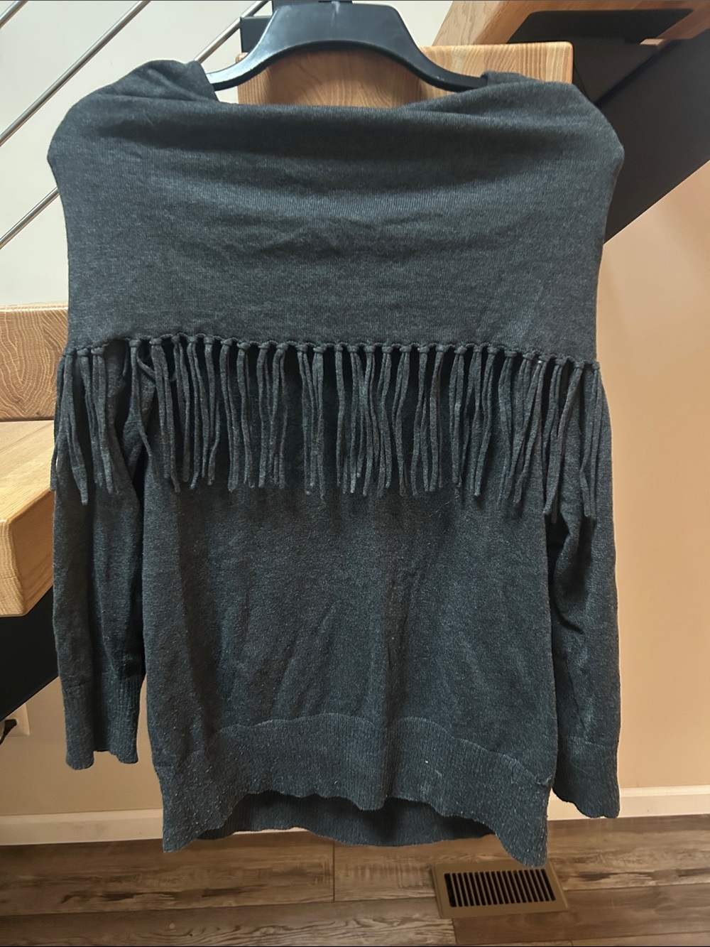 MICHAEL Michael Kors Dark Gray Off-the-Shoulder Fringe Sweater